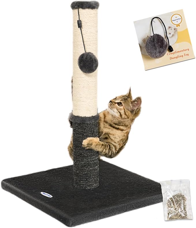 Happi N Pets Cat Scratching Post, Cat Scratcher for Indoor Cats, Sisal Scratching Post & Carpet Post in One, Stable Kitten Scratching Post with Replaceable Toy, Extra Free Toy, Smokey Gray