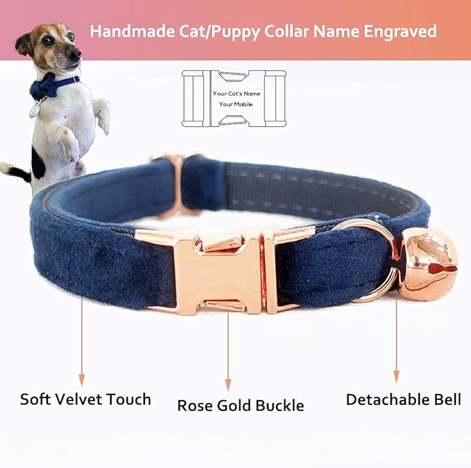 Cat Collar Personalized with Name Engraved and Bell, Customized Velvet Collars for Puppy Kittens (Navy Blue, L)