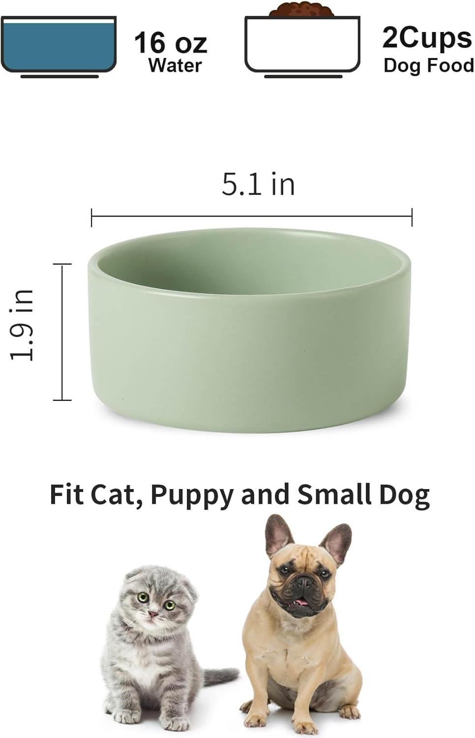 UBEE Ceramic Dog Bowl Set of 2, 5.1 inch Dog Dish Cat Food Bowl for Small Dogs and Large Cat, Pet Food Water Dish Feeding, Sage Green