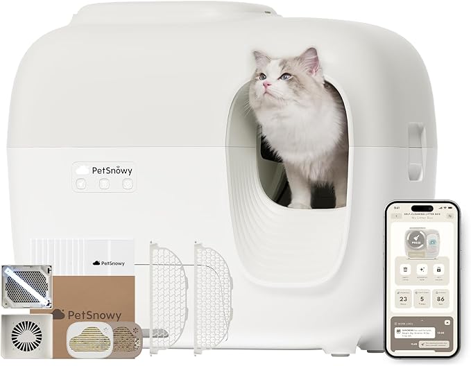 PetSnowy Self-Cleaning Automatic Cat Litter Box with Odor Control TiO2 System, Robot Litter Box with Auto-Packing, App Control, Large Cats & Multiple Cats (2025 Premium Version)