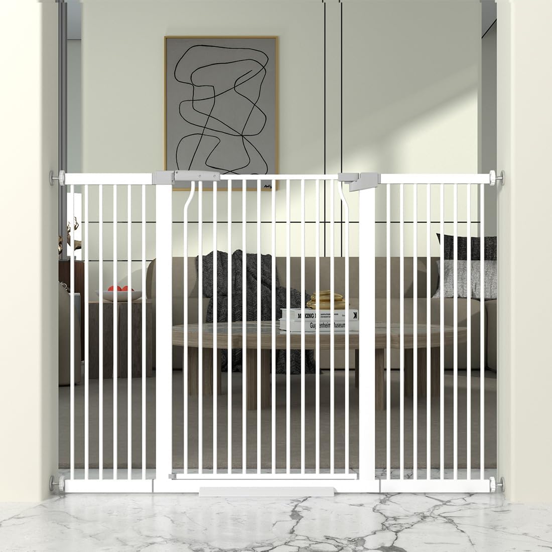41" Extra Tall Cat Gate for Doorway, 54.8-57.4'' Metal Pet Baby Safe Gate, Extra Wide Pressure Mounted Child Door with Expansion Kit, No Drilling Cat Fence Indoor, No Climb Baby Proof Gate, White