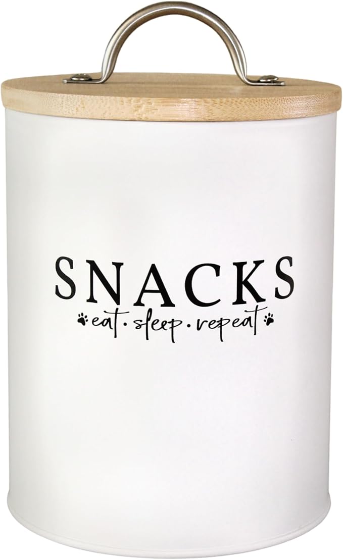 White Dog and Cat Treat Container with Easy to Open Bamboo Lid, 8.5 cups/ 70 fl oz.