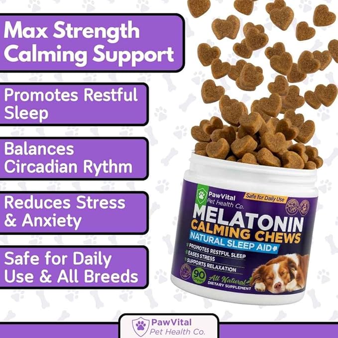 Melatonin Calming Chews for Dogs – Natural Sleep Aid & Anxiety Relief – Dog Calming Treats with Chamomile, Valerian Root, Ashwagandha & Theanine – 90 Soft Chews for Small & Large Breeds