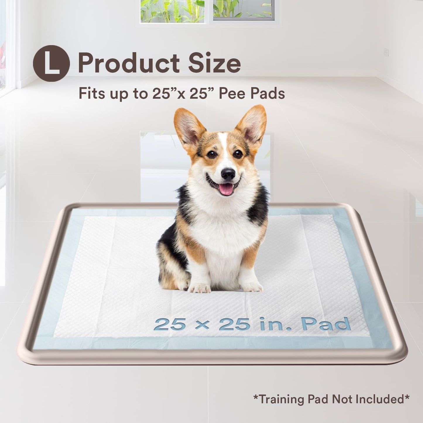 Pee Pad Tray Holder for Dogs - Fits Up to 25 x 25 in. Square Potty Training Pads No Spill Raised Lip High Edge Silicone Mat, Extra Thick and Non-Slip for Indoor Floor Protection (Large, Beige) | eenk