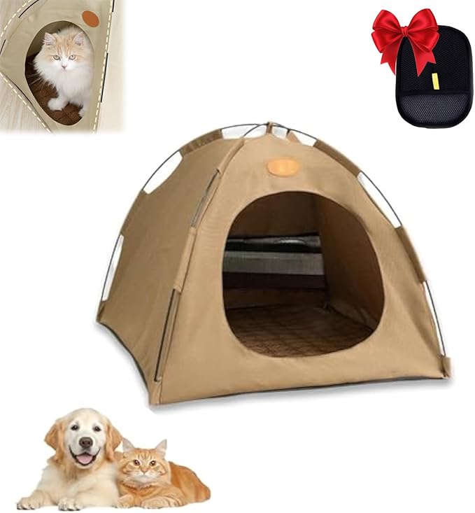 BreezyDen Pop-Up Pet Tent – Portable Indoor/Outdoor Cat Tent, Waterproof Pet Hideaway for Cats & Small Dogs with Mesh Window, Anti-Slip Base & Washable Design (Coffee, XL (20 catties Kitten))