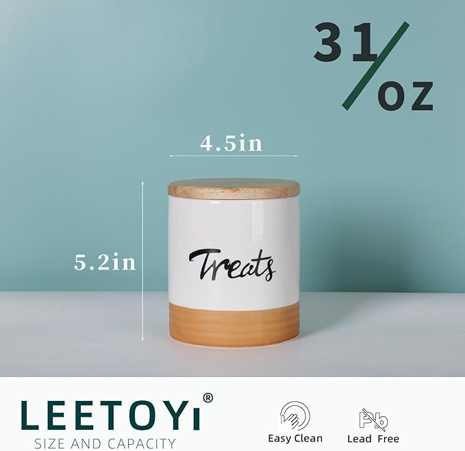 LEETOYI Cat Treat Container with Lid, Ceramic Dog Treat Jars Modern, Farmhouse Kitchen Decor, Cat Treat Storage Caddy Organizer, 4.5 Inch 31oz White