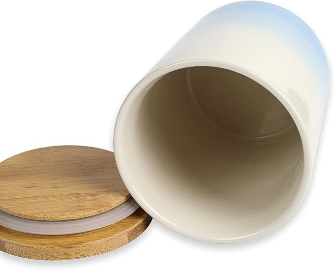 Arthausen Vintage Blue Ceramic Storage Jar Canister for Flour Sugar - Airtight Bamboo Lid w/Silicone Seal, Spoon - Modern Abstract Art Design for Kitchen Counter Bathroom - 4 cup / 1080mL