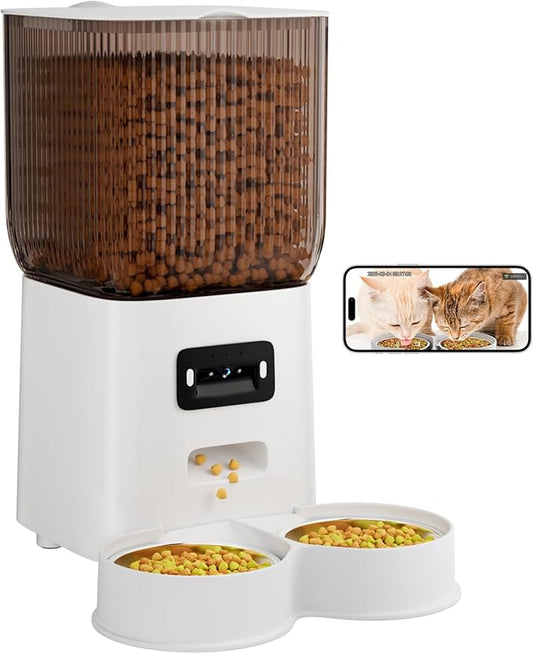 Automatic Cat Feeder with Camera, 5L Auto Dog Feeder with Night Vision Cat Food Dispenser with Stainless Steel Bowl, Pet Feeder for Small Pets Indoor (Vedio)