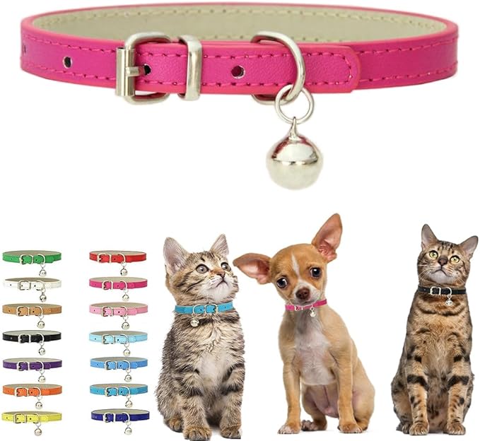 Hot Pink Kitten Collar with Bell, Soft Pu Leather Small Dog Collars Adjustable Buckle for XXS XS Extra Small Medium Tiny Female Male Boys Girls Pets Puppy Cats Teacup Yorkie XX-Small