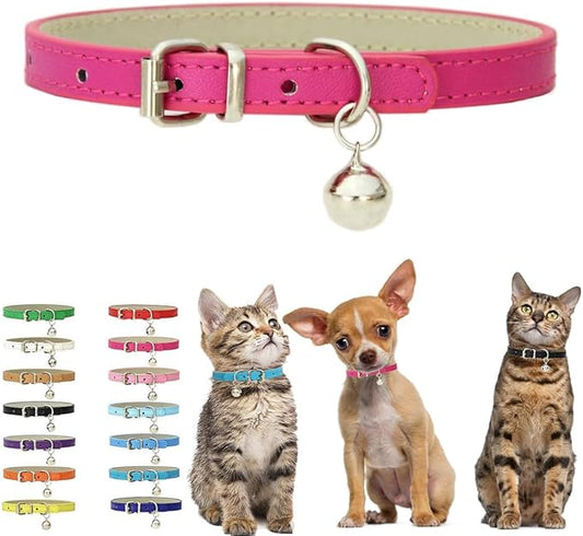 Hot Pink Puppy Collar with Bell, Soft Pu Leather Kitten Dog Collars Adjustable Buckle for XXS XS Extra Small Medium Tiny Female Male Boys Girls Pets Small Cats Teacup Yorkie X-Small