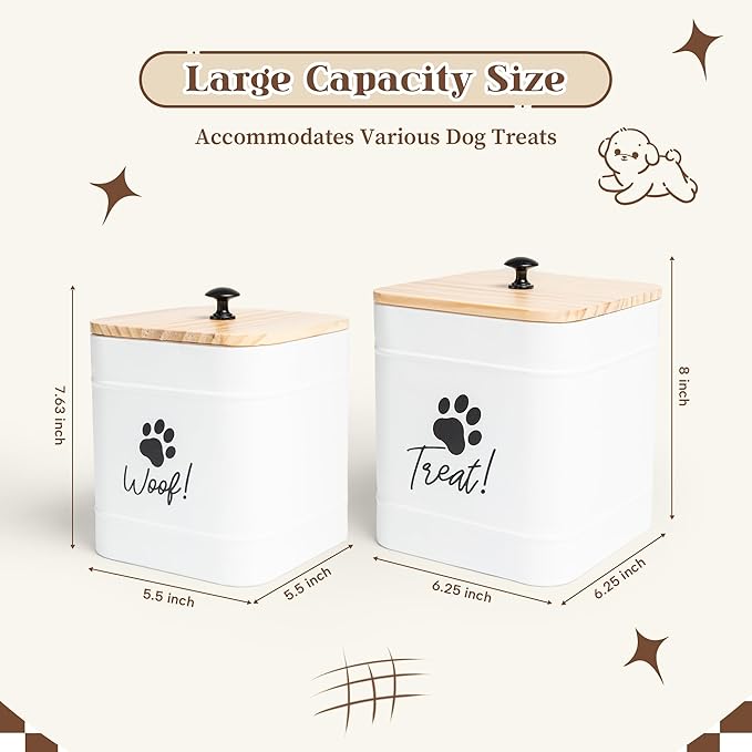 DD 2 Pack Dog Treat Container Airtight,White Dog Treat Jar with Airtight Lid,Dog Cookie Jar for Kitchen Counter, Metal Pet Treat Organizer,Small Dog Treat Canister Farmhouse Dog Food Storage