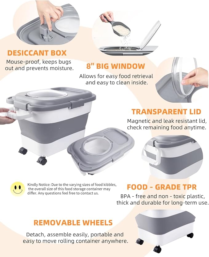 15-23 Lbs Dog Food Storage Container, Collapsible Dog Food Container with Airtight Lid, Wheels, Handle, Large Cat Food Storage Container with Scoop, Dog Bowl for Dog Cat