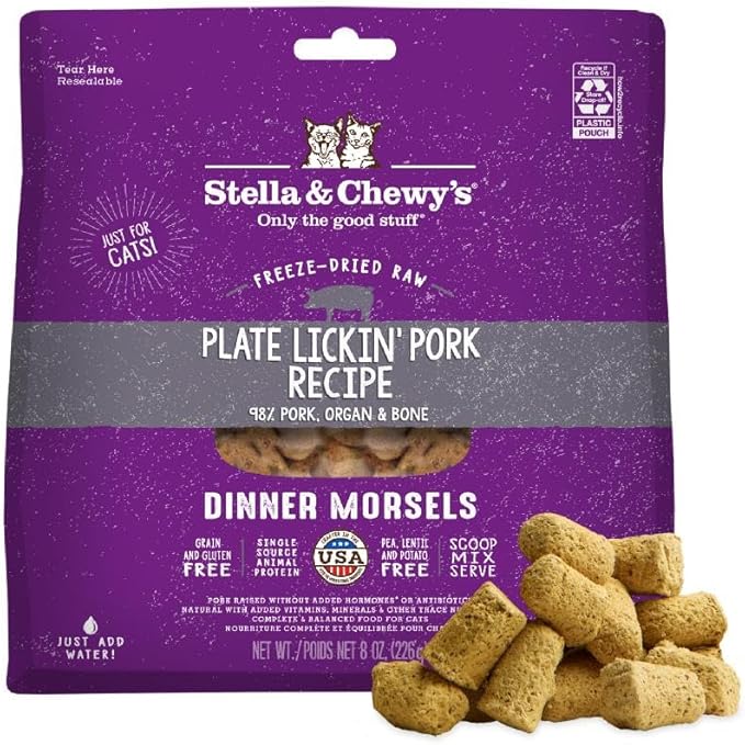 Stella & Chewy's Freeze-Dried Raw Cat Dinner Morsels - Premium Pork Recipe with 98% Responsibly-Sourced Meat & Organs - Natural Grain-Free Cat & Kitten Food - Made in USA - 8 oz