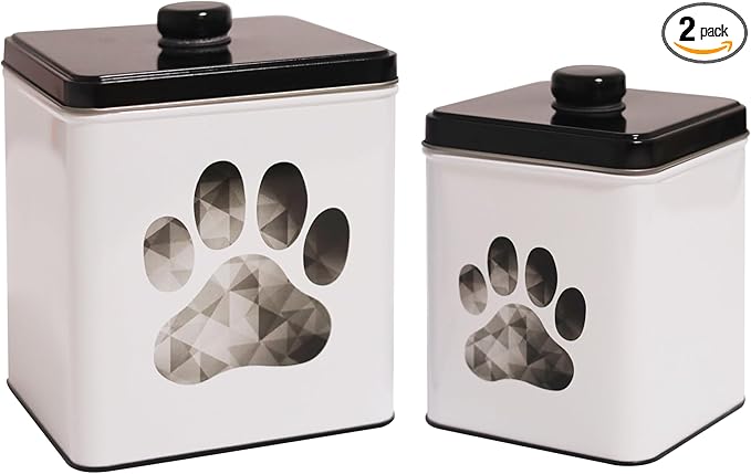 2pc Set Square Storage Dog Tin Container for Treats, Food, Storage, Supplies, Toys (Paw)