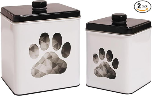 2pc Set Square Storage Dog Tin Container for Treats, Food, Storage, Supplies, Toys (Paw)
