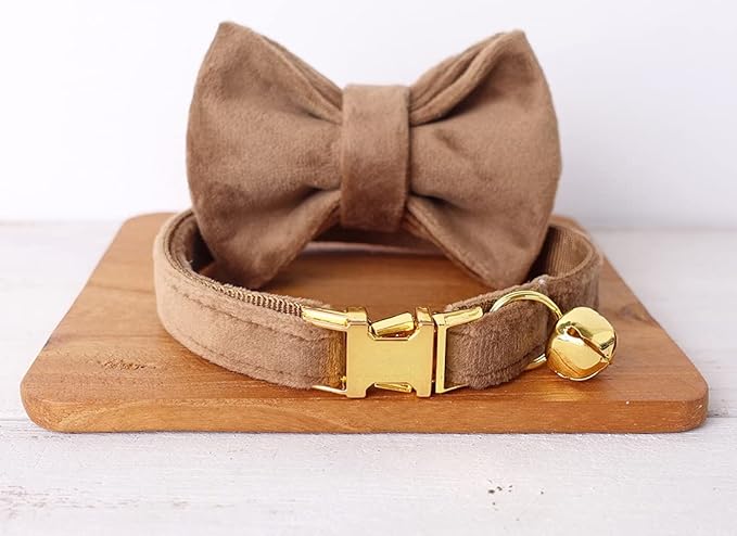 Cat Collar Personalized with Name Engraved and Bell, Customized Velvet Collars for Puppy Kittens (Brown, L)