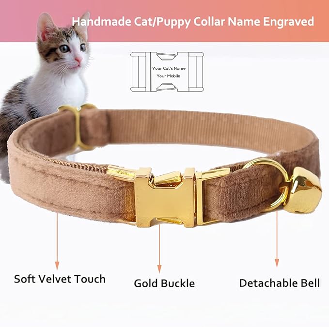 Cat Collar Personalized with Name Engraved and Bell, Customized Velvet Collars for Puppy Kittens (Brown, L)