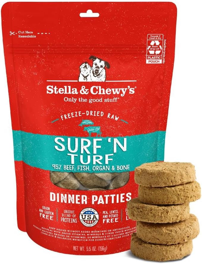 Stella & Chewy's Freeze-Dried Raw Dinner Patties - Surf 'N Turf Salmon & Beef Recipe - High Protein Grain-Free Puppy & Dog Food - Perfect For Picky Eaters - 5.5 oz