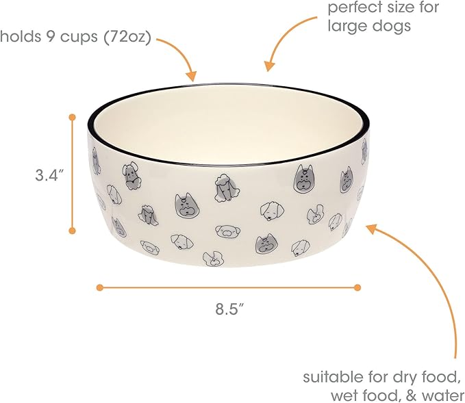 Pearhead Ceramic Dog Bowl Large 9 Cup – Puppy Faces Pattern, Durable Heavyweight Pet Food & Water Bowl, Neutral Modern Design, for Pet Parents, XL