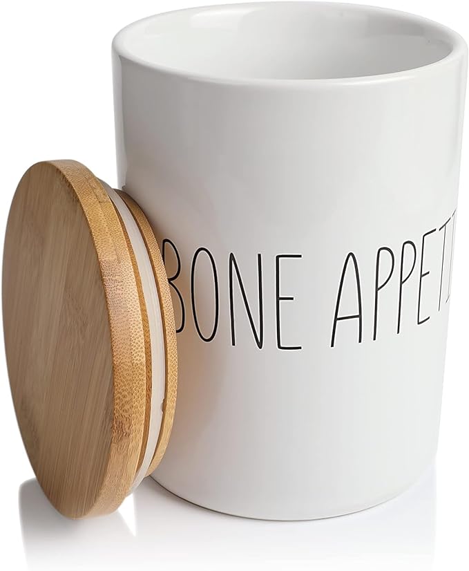 Arthausen Bone Appetite Dog Treats Ceramic Storage Jar Canister - Airtight Bamboo Lid w/Silicone Seal, Spoon - Modern Abstract Art Design for Kitchen Counter or Bathroom - 4 cup / 1080mL
