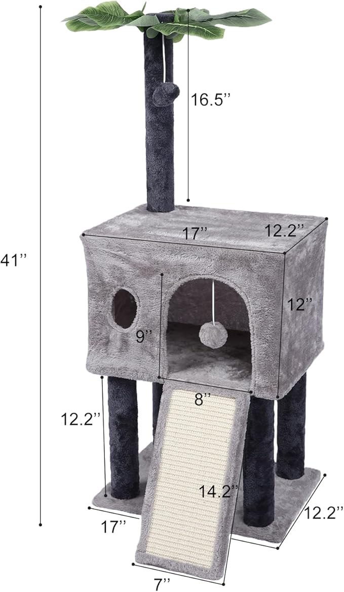 41″ Cat Tree for Indoor Cats Furniture, Cat Tower with Scratching Board and Save Space, Modern Activity House for Large Cats, Condo with Ball Toys, Kittens Cave, Cat's nest, Light Grey
