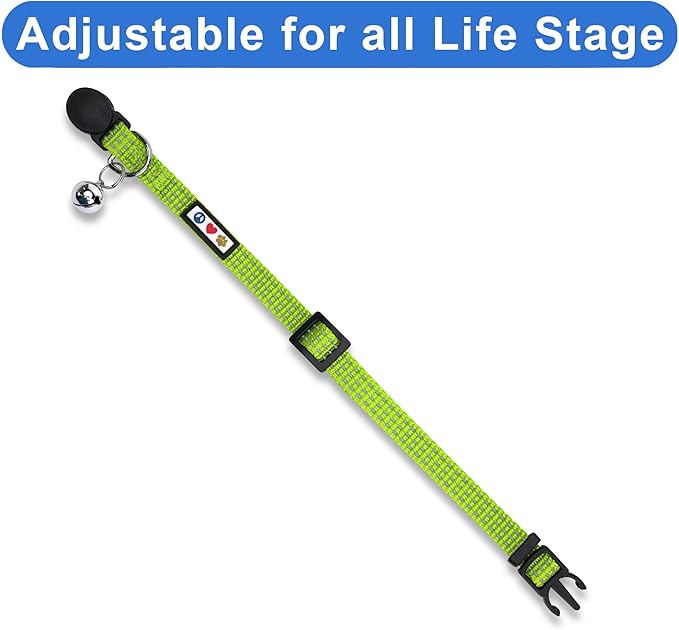 Pawtitas Reflective Green Cat Collar with Safety Buckle and Removable Bell for Kitten and Cats