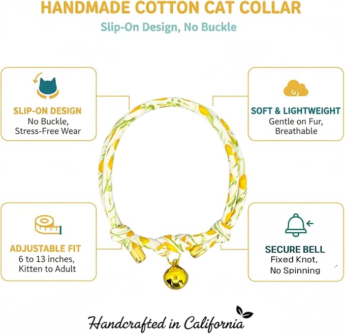 Handmade Cotton Spring Cat Collar with Bell – Adjustable Slip-On Design, No Buckle, Lightweight Rope Collar for Kittens, Indoor Cats, and Small Pets (Leaf-Yellow)