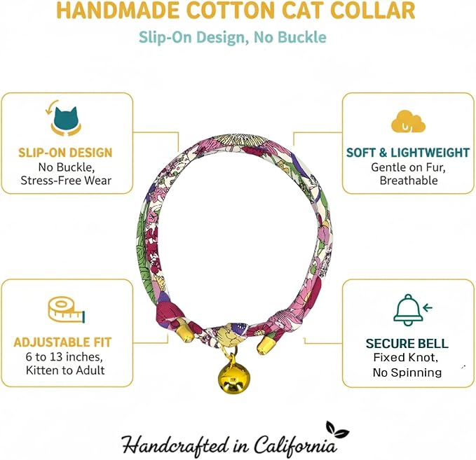 Handmade Cotton Cat Collar with Bell – Adjustable Slip-On Design, No Buckle, Lightweight Rope Collar for Kittens, Indoor Cats, and Small Pets (Rosy)