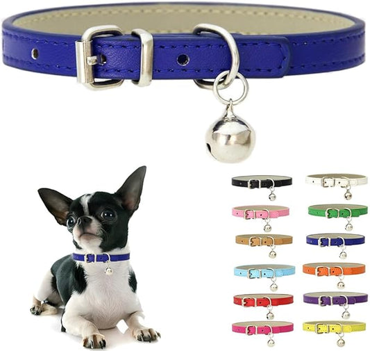 Dark Blue XS Dog Collar with Bell, Soft Pu Leather Cat Collars Adjustable Buckle for XXS Extra Small Medium Tiny Female Male Boys Girls Pets Puppy Kitten Teacup Yorkie X-Small