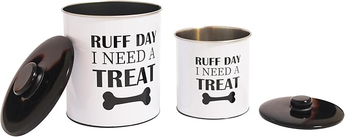 2pc Set Dog Treat Container with Lid, Round Tin Dog Treat Storage Jar for Countertop (Ruff Day)