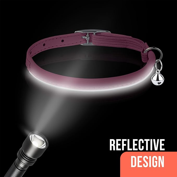 OOPSDOGGY Rolled Leather Cat Collar with Bell, Reflective Kitten Collars with Buckle Include Safety Elastic Strap - Adjustable Small Pet Collars for Boy Girl Cats (Fucsia)