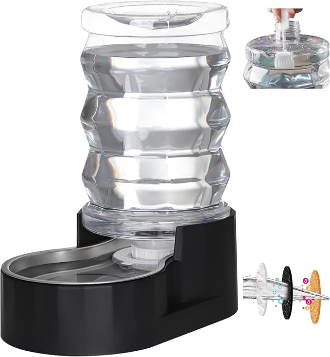 RIZZARI Dog Food Water Dispenser: 7L Automatic Black Large Stainless Steel Waterer with Filter - Gravity Water Feeder - Healthy Hydration for Pets Indoors Outdoors
