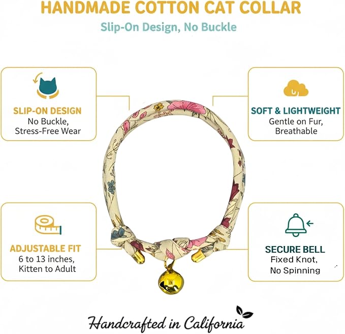 Handmade Cotton Cat Collar with Bell – Adjustable Slip-On Design, No Buckle, Lightweight Rope Collar for Kittens, Indoor Cats, and Small Pets (Petal)