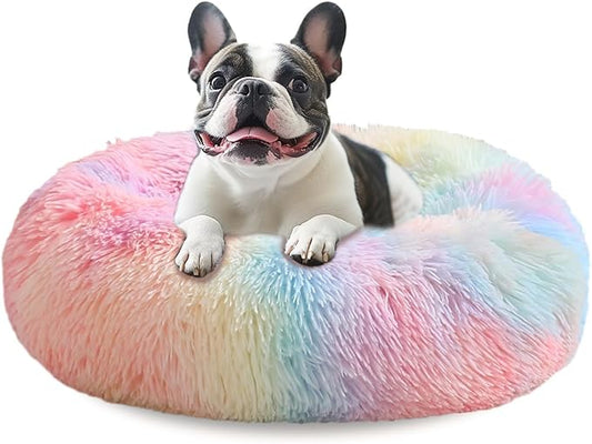 JOLLYVOGUE Small Dog & Cat Beds for Indoor Cats, Donut Cuddler Warming Soft Dog Beds with Anti-Slip Bottom, Round Calming Fluffy Plush Faux Fur Cushion Bed for Large Dogs (36", Rainbow)