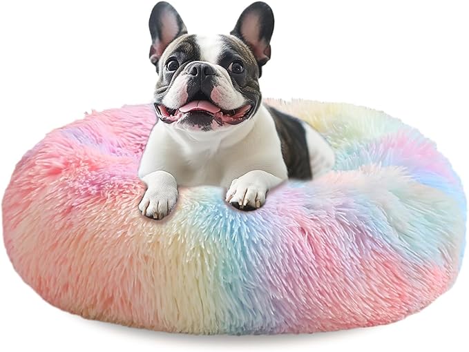 JOLLYVOGUE Small Dog & Cat Beds for Indoor Cats, Donut Cuddler Warming Soft Dog Beds with Anti-Slip Bottom, Round Calming Fluffy Plush Faux Fur Cushion Bed for Medium Dogs (31", Rainbow)