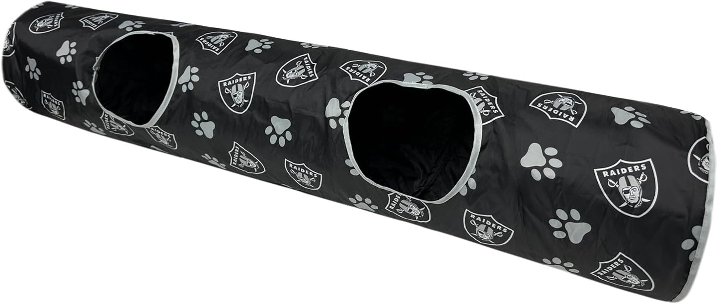 NFL Las Vegas Raiders Cat Tunnel Tube Toy with Plush Football Catnip and Feathers Collapsible Tunnel for Cats to Play, Peek and Hide, Sporty & Fun Cat Tunnel Toy with Team Logo All-Over Design!