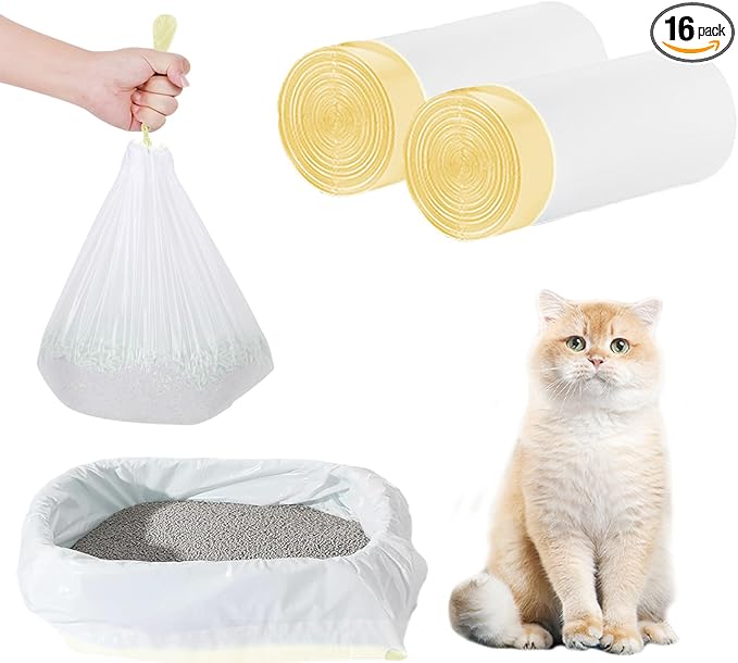 16 Count Cat Litter Box Liners - Large Drawstring Cat Litter Bags, Extra Thick Heavy Duty Durable Litters Tray Pet Cats Pan Liners, Waste Replacement Bags for Self-Cleaning Cats Litter Boxes 18" x 37"