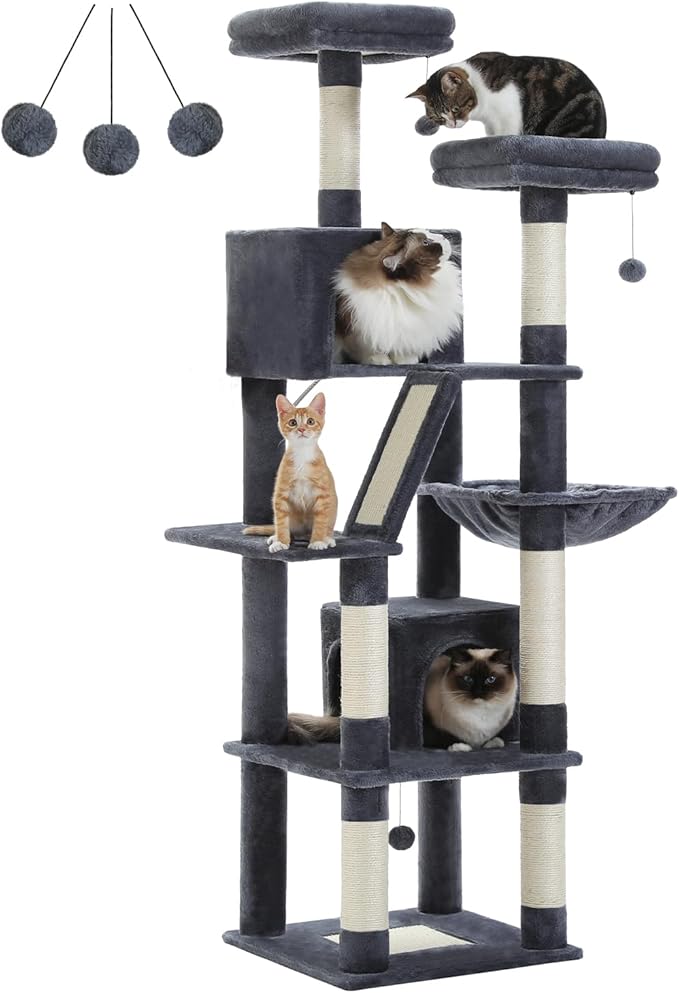 Cat Tree, 70.9-inch Large Cat Tower with 2 Condos, 2 Top Perches, Hammock & 6 Scratching Posts for Indoor Cats, Dark Gray