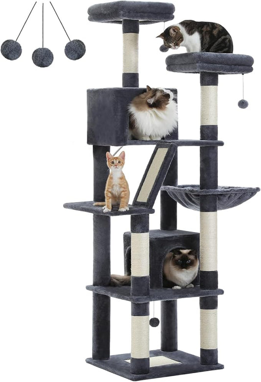 Cat Tree, 70.9-inch Large Cat Tower with 2 Condos, 2 Top Perches, Hammock & 6 Scratching Posts for Indoor Cats, Dark Gray
