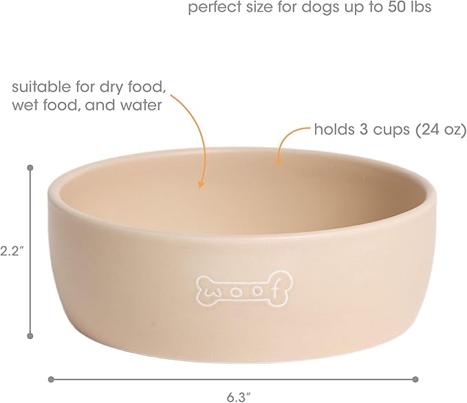 Pearhead Ceramic Dog Bowl – Neutral Taupe “Woof” Design, Holds 3 Cups, Non-Skid Stoneware Pet Feeding Dish, Medium
