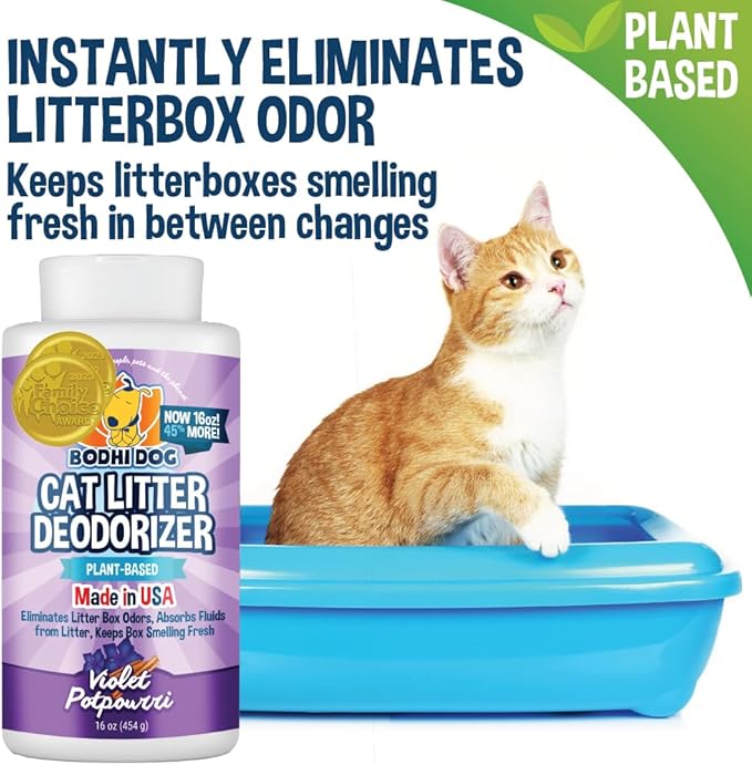 Bodhi Dog Cat Litter Odor Eliminator - Natural Gentle Deodorizer & Freshener for Strong Urine Smell - Long-Lasting Formula, Easy to Use, Reduces Litter Box Changes - Violet Potpourri Scent