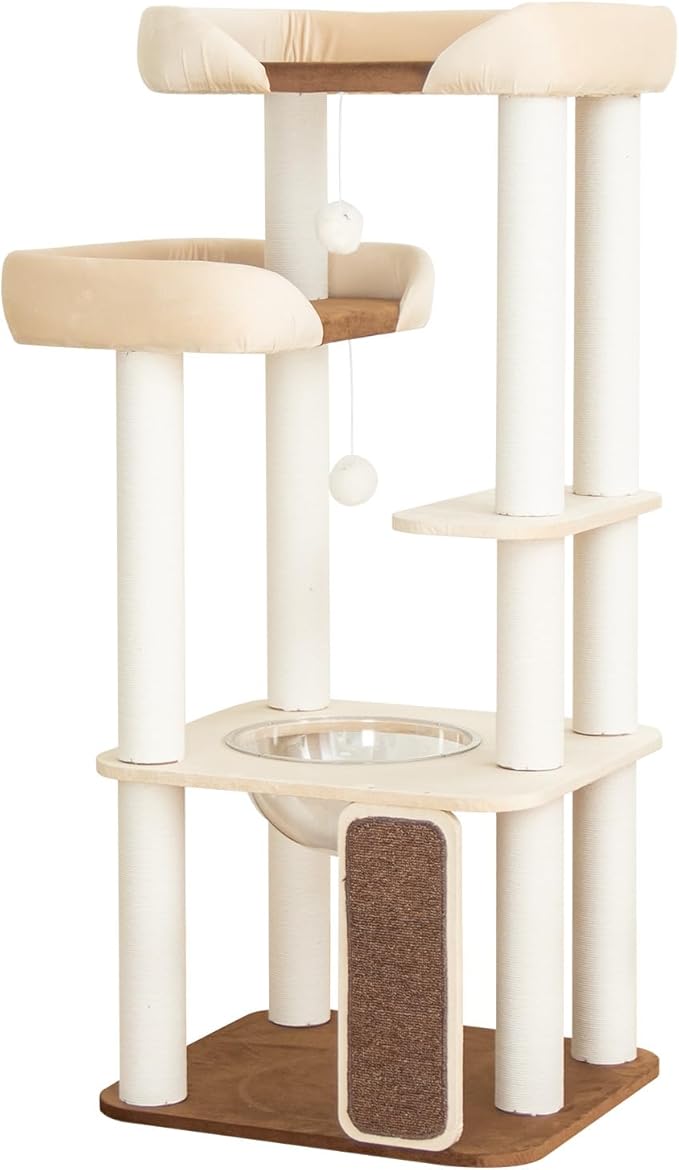 53'' Cat Tree for Large Cat, Modern Senior Friendly Cat Tower with Wide Shelves Low Step, Cotton Scratching Posts, Super Sturdy Base, Cozy Perches, and Interactive Toys (White)