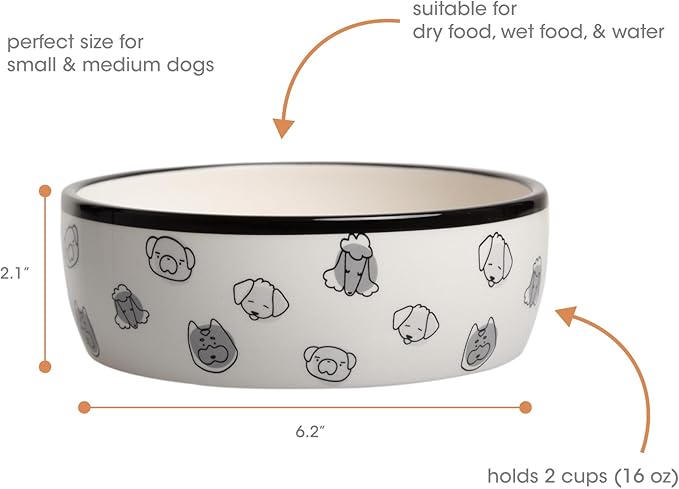 Pearhead Ceramic Dog Faces Dog Bowl, Holds 2 Cups, Stoneware Food and Water Dish for Dogs up to 20 lbs, Microwave and Dishwasher Safe, Small/Medium