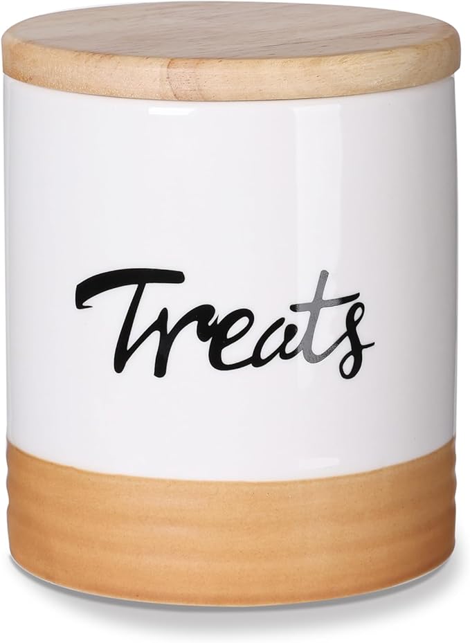 LEETOYI Cat Treat Container with Lid, Ceramic Dog Treat Jars Modern, Farmhouse Kitchen Decor, Cat Treat Storage Caddy Organizer, 4.5 Inch 31oz White