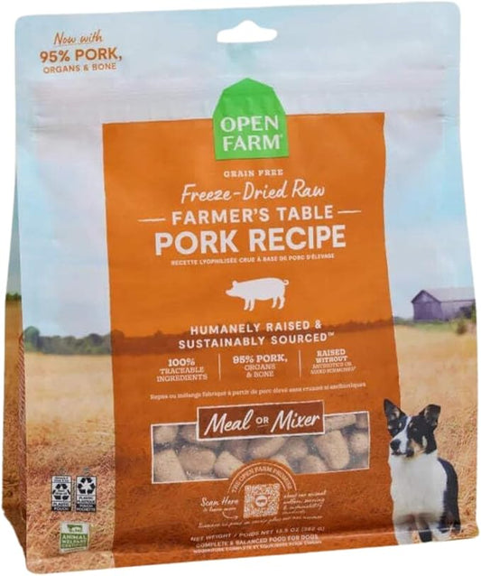 Open Farm, Freeze Dried Raw Dog Food, Morsels with 95% Meat, Organs & Bone, Organic Produce & Superfoods, Complete Meal or Freeze Dried Dog Food Topper, Pork Recipe, 13.5oz Bag