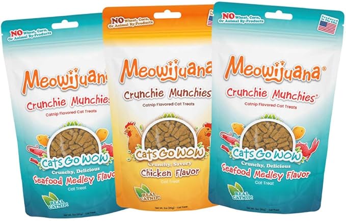Meowijuana Crunchie Munchie Catnip Treats Bundle | 2 Seafood Medley and 1 Chicken | Made with Organic Catnip | Produced in The USA | Low Calorie Cat Snack