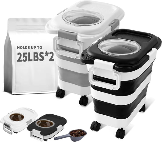 25 Lbs Dog Food Storage Container 2PCS, Collapsible Dog Food Container with Scoop for Pet/Dog/Cat/Bird Food,Keep Dry Food Fresh,Easy to Move(Black & White)