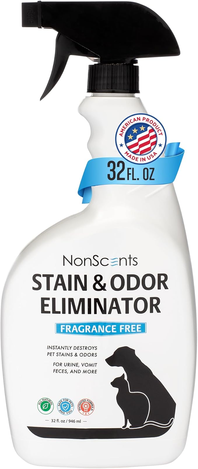 NonScents Stain & Odor Eliminator Spray for Strong Odor - 32 oz - Pet Odor Eliminator for Home - Carpet Stain Remover for Cats and Dog Pee - Cat Urine Destroyer - Carpet Cleaner Spray