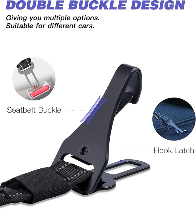 AUBELL Dog Seat Belt for Car,Updated 3-in-1 Adjustable Reflective Bungee Heavy Duty Dog Car Harness Tether with Clip Hook Latch & Buckle,Swivel Zinc Alloy Carabiner,Black