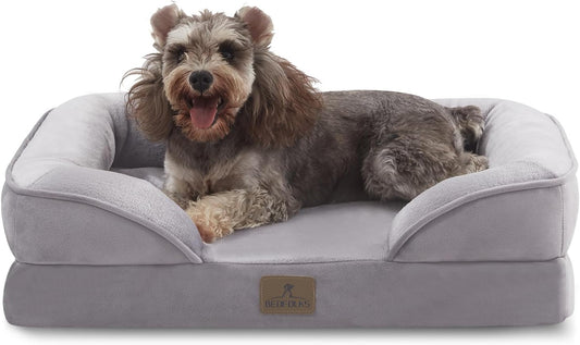 Bedfolks Orthopedic Dog Bed, Waterproof Dog Sofa Bed for Small Dogs & Cats, Egg Foam Pet Couch Bed with Removable Washable Cover and Nonslip Bottom, Light Grey